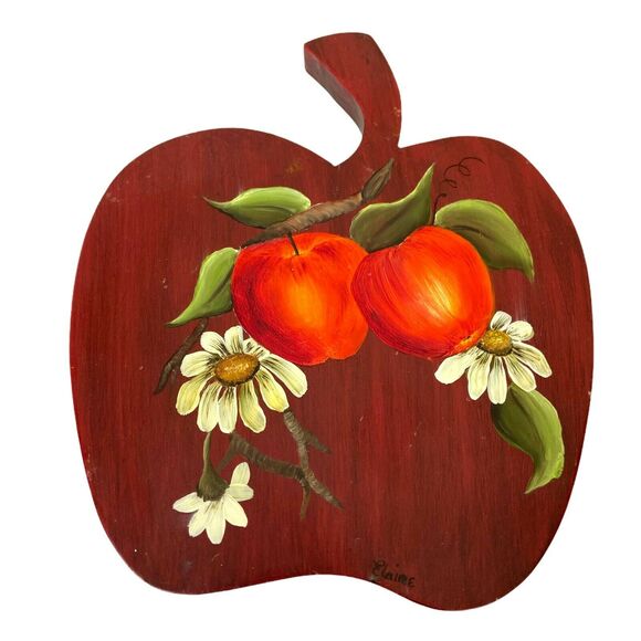 Floral Apple Shape Wood Art Trivet Vintage 70s Hand Painted Country Decorative - Picture 1 of 13